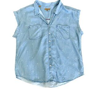 Jach's Girlfriend Women's Chambray Palm Tree Print Cap Sleeve Button-Up Size 2XL